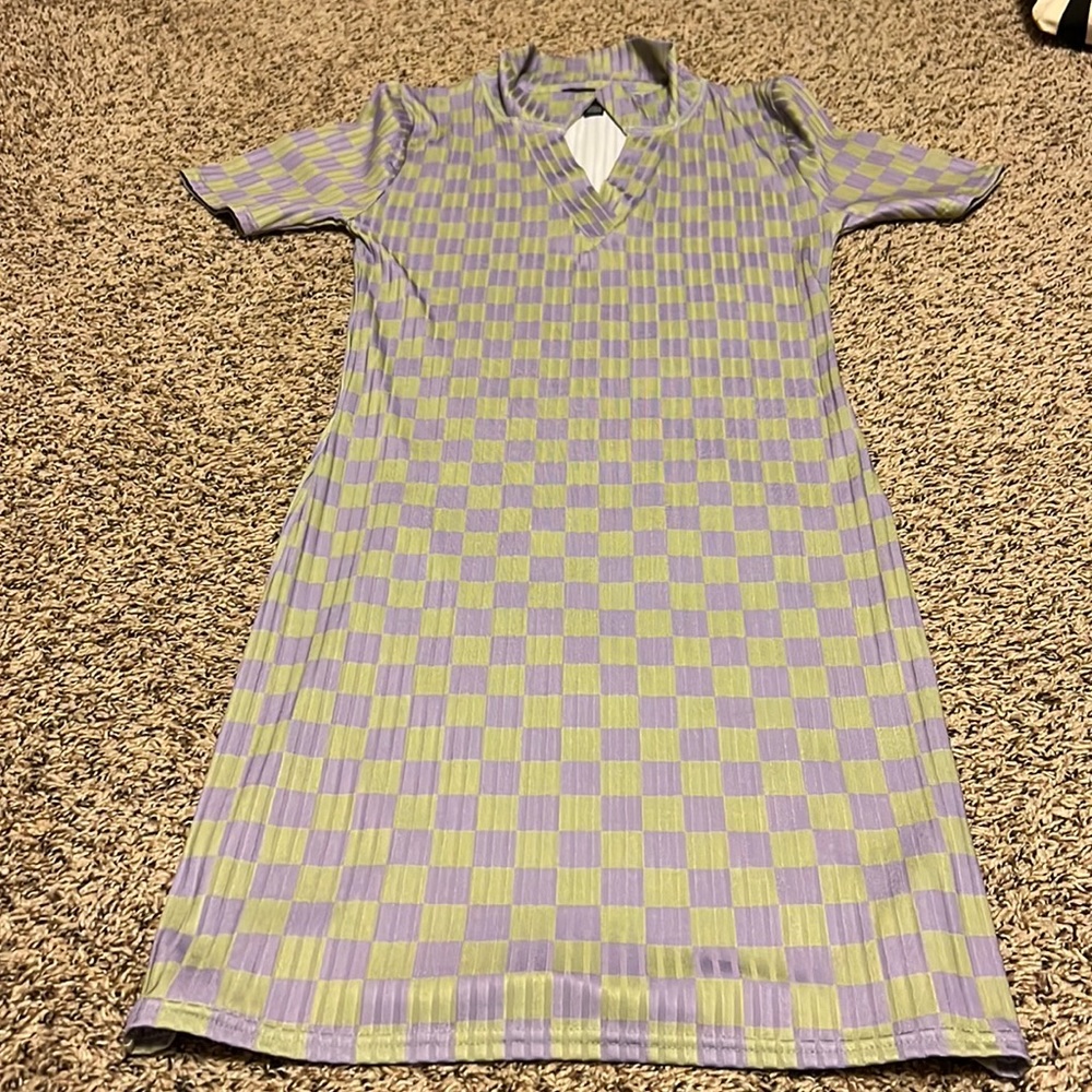 Green and Purple Checkered Dress